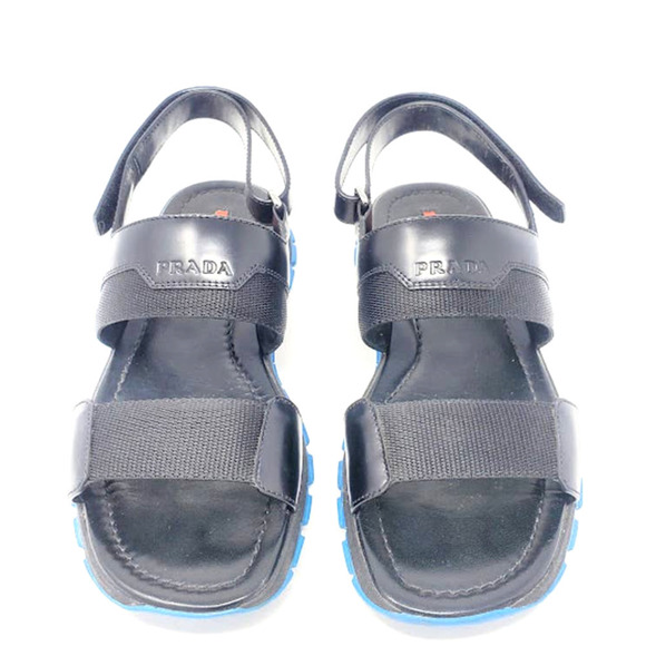 Prada LOGO Sandals Platform Black Leather Blue Rubber Sole Dad Sandals EU 39 - Picture 1 of 7
